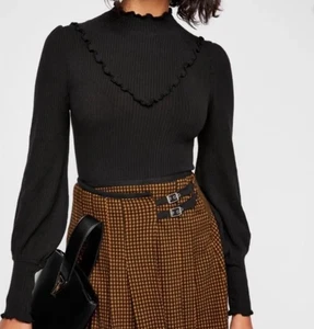 Free People Love Struck Ribbed Top Large Lettuce Trim Ruffle Black Long Sleeve - Picture 1 of 6