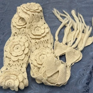 100% Wool Hand Made In Nepal Crocheted Scarf Kiryanna Designs Ivory Color - Picture 1 of 19