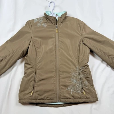 Chaqueta Eddie Bauer Mujer Mediana Marrón Azul Floral Bordado Forrado Abrigo Foto 1 de 4
