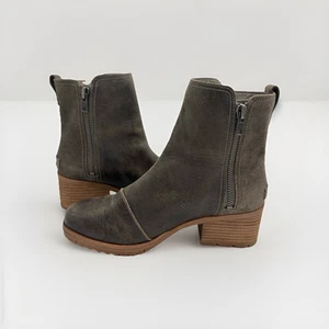Sorel Cate Bootie Size 8 Brown/Gray Leather &  Suede Block Heel Waterproof Ankle - Picture 1 of 9