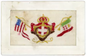 Cartolina ricamo svizzero seta prima guerra mondiale Stati Uniti e Italia forze alleate guerra mondiale - Foto 1 di 2