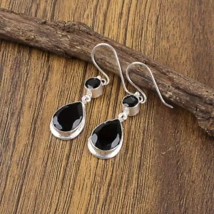 Gift For Her 925 Sterling Silver Natural Black Onyx Gemstone Jewelry Earrings - Picture 1 of 8