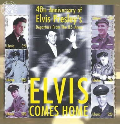 猫王普雷斯利20美元利比里亚邮票纪念品6张邮票美国军队回家2000 — 第 1/4 张图片