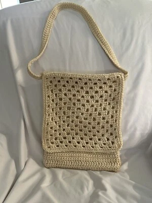 Cartera de Hombro Hecha a Mano por Linda Hardwick Crochet Blanco Crema Forrada Retro Boho Foto 1 de 4