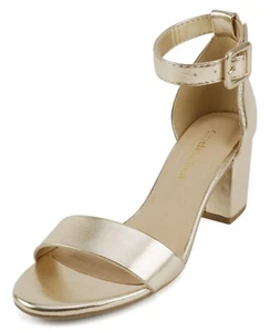 Sandalias de tacón grueso bajo CityClassified para mujer punta abierta correa para el tobillo CAKE-S doradas - Imagen 1 de 5
