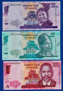 Malawi 3 Note Set- 20, 50,100 Kwacha (2019/2020) P- 63-65 (new) UNC Banknotes - Picture 1 of 2