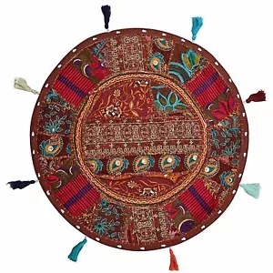 Indian Floor Pillow Cover Round Patchwork Vintage Boho Embroidered Cotton 18x18 - Picture 1 of 3