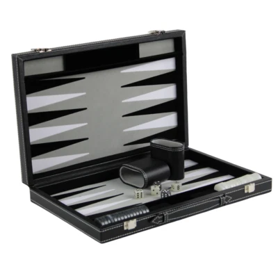 Graphene Grey Leather Backgammon Set 15 Inch - Image 1 of 4