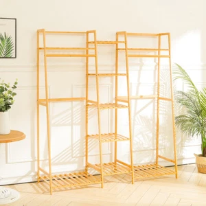 Upgarded Bamboo Wood Clothes Rail Rack Garment Hanging Stand Open Wardrobe Shelf - Picture 1 of 11