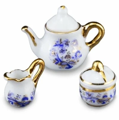 Dollhouse Miniature Blue Onion Tea Pot Set Reutter Porcelain 1:12 scale B432 - Image 1 of 4