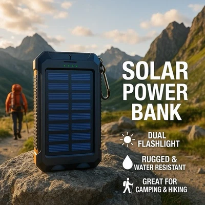 Solar Portable Charger Power Bank | Flashlight | Compass | Fast Charge | NEW - Image 1 of 4
