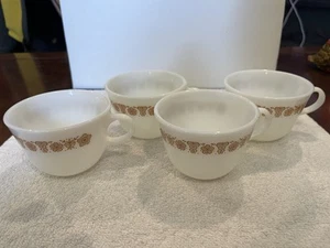 Set of 4 Vtg Pyrex Butterfly Gold Mugs White Milk Glass Coffee Tea Cup - Picture 1 of 3