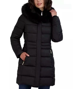 Tahari Womens XL Velvet Bibbed Faux Fur Hooded Puffer Coat - Picture 1 of 6