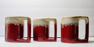 Set 3 VTG Padilla Pottery Coffee Mug Cup Drip Glaze Stoneware Stacking Burgundy - Picture 1 of 10