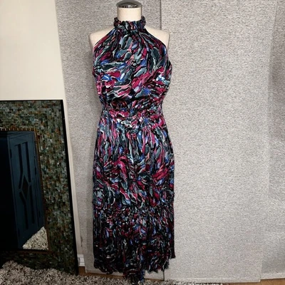 Vestido Nicole Miller Mujer Rosa Verde Floral Seda Halter Sin Mangas Plisado Talla M Foto 1 de 4