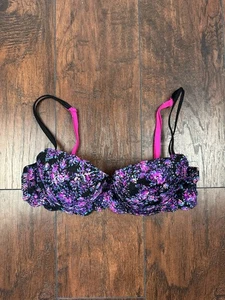 Victoria's Secret PINK Push Up Bra Black Blue Pink Purple Floral Lace Size 34B - Picture 1 of 23
