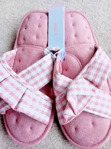 Totes Isotoner Comfort Sole Ladies Open Toe Mule Slippers Pink Check Size M New - Picture 1 of 3