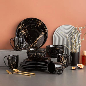 LOVECASA 16-Piece Porcelain Dinnerware Set Black Kitchen Plates Bowls & Mugs Set - Picture 1 of 8