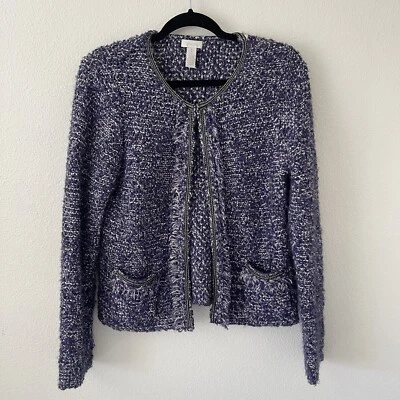 Chico's Purple Blazer Women's 1 Plus Wool Alpaca Tweed Jacket Hook Eye Pockets - Image 1 of 4