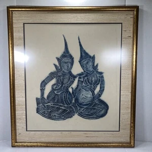 Mid Century blauer thailändischer Tempel Reispapier Kunst Buddha 22x25 MCM SCHÖNER RAHMEN - Bild 1 von 12