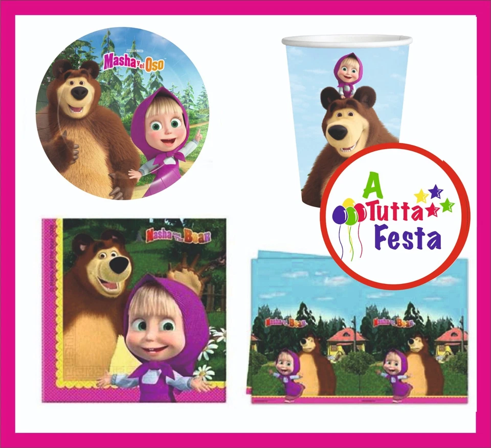  KIT ADDOBBI FESTA COMPLEANNO MASHA E ORSO X8X16X24X32X40 PERSONE  PIATTI BICCHI - Immagine 1 di 1
