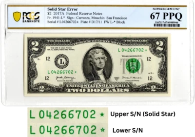 2017A Star $2 Two Dollar PCGS Graded Gem 67PPQ SOLID/FILLED STAR Error Note RARE - Image 1 of 2