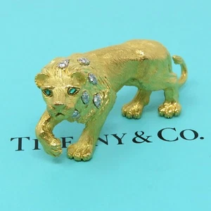 NYJEWEL Tiffany & Co 18k Gold 1991 Germany Emerald Diamond Lion Brooch - Picture 1 of 6