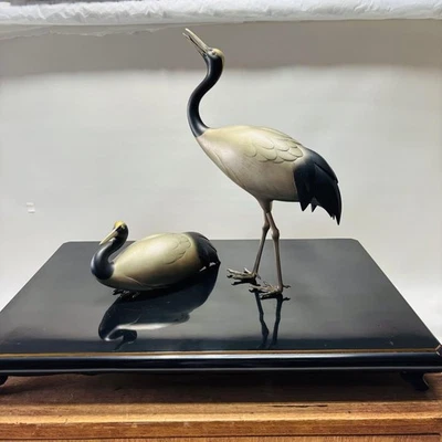 Crane Cupronickel Statue Pair 13.7 & 4.3 inch tall Japanese Metalwork Figurine - Image 1 of 4