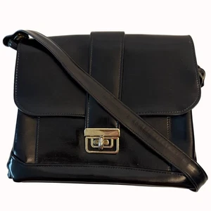 Sleek Black Leather Shoulder Bag VTG 60s Purse Twist Lock Compartments Satchel - Picture 1 of 16
