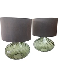 Contemporary Green Glass Base Table Lamps Pair Fabric Shades Chic Homeware - Picture 1 of 5