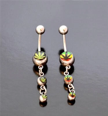 Belly Navel Bar Pot Leaf Rasta Dangle Barbell Surgical Steel Piercing 14g 10mm - Image 1 of 2