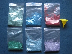 5 bags of glitter green, aqua, 2 blues, purple and red and funnel - craft - Picture 1 of 12