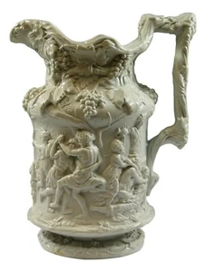Jarra moldeada en relieve antigua CHARLES MEIGH - DANZA BACANALIANA 9 1/4" BLANCA 1844 - Imagen 1 de 12
