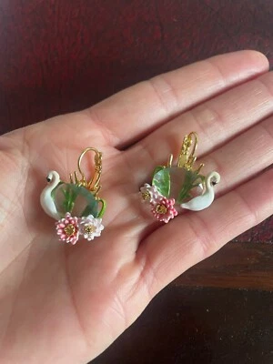 Les Nereides Swan Bird Water Lily Flower Hand Enamel 14K Gold Plated Earrings - Image 1 of 4