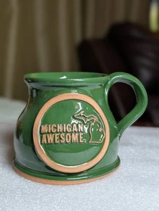 MICHIGAN AWESOME Joshua Mogck Pottery Ceramic Mug Cup 2015 Handthrown Green USA - Picture 1 of 8