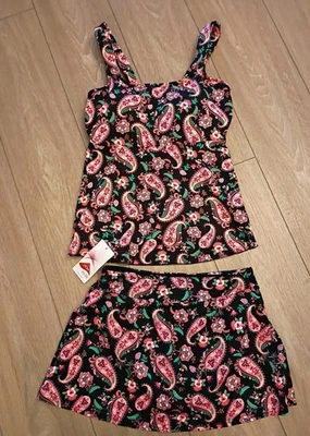 NWT Lands End Black Pink Paisley Underwire Tankini 2 Pc Swimsuit Set Skirt Sz 4 - Image 1 of 4