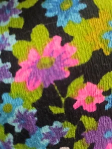 60s BRIGHT Barkcloth Dress FLOWER POWER Ruffled V Neck Zip Back MEDIUM - Picture 1 of 8