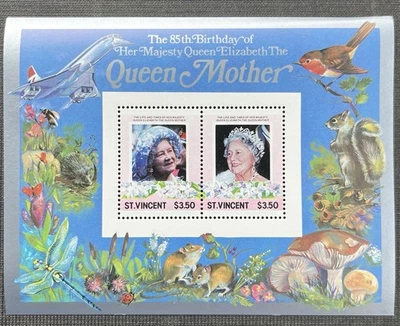 San Vicente - Hoja de estampillas de recuerdo sin usar del cumpleaños de la reina madre 1988 Foto 1 de 2