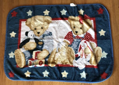 Blue Jean Teddy Bear Plush Fleece Baby Blanket Throw Bunny Panda Stars VTG RARE - Image 1 of 3
