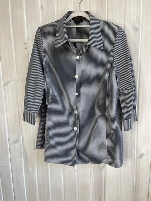Nina Mclemore Women Shirt Blouse Button Down 3/4 Sleeve Gray White Stripes - Image 1 of 4