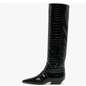 Black Crocodile Square Toe Knee High Boot Wide Calf Low Chunky Heels Long Boot - Picture 1 of 7