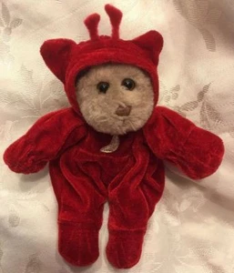 SELTEN 8 Zoll Vintage Genich Plüsch winzig braun rot Velours Teddybär Mütze Mond Pyjama - Bild 1 von 6