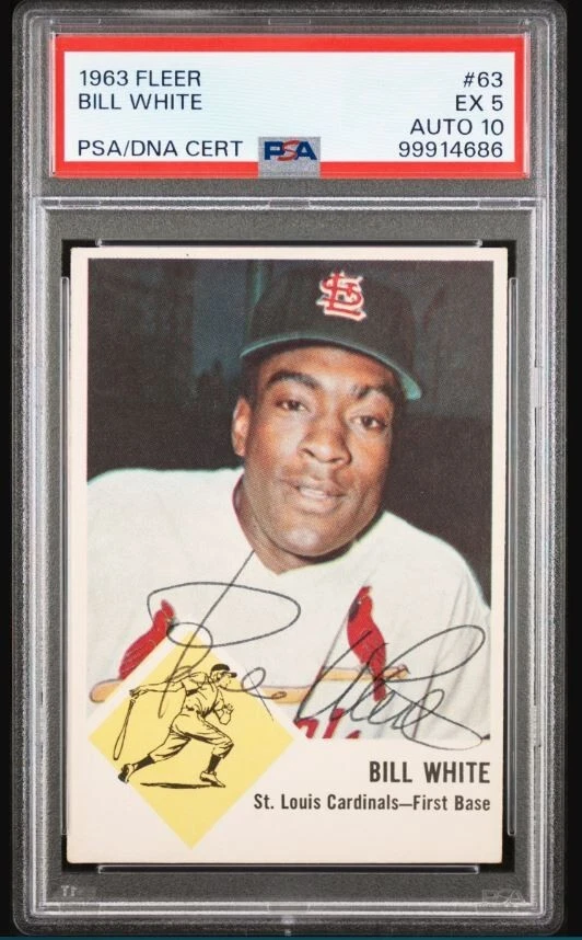 Tarjeta de béisbol 1963 Fleer Bill White firmada #63 PSA 5 certificado ADN 10 auto pop 1 Foto 1 de 3