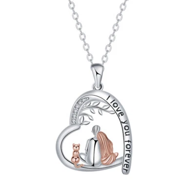 European Women Heart Lovers Cat Pendant Necklace Chain CZ Jewelry Silver Plated - Image 1 of 4