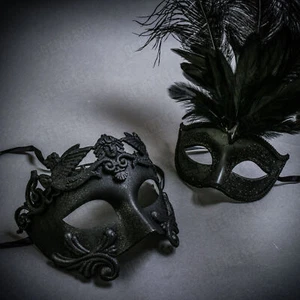 Black Roman Warrior & Black MardiGras Eye Mask w/ Top Feather Couple Party Masks - Picture 1 of 1