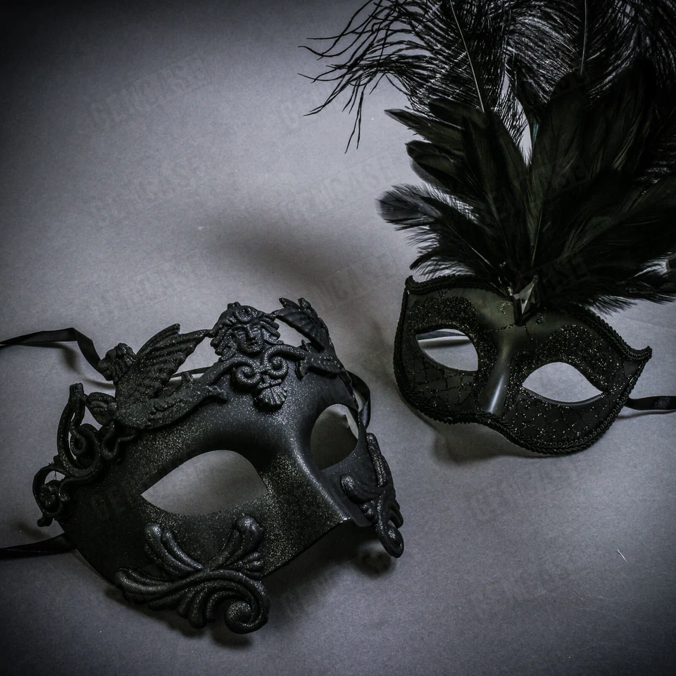 Black Roman Warrior & Black MardiGras Eye Mask w/ Top Feather Couple Party Masks - Image 1 of 1