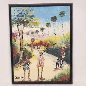 Pintura al óleo haitiana original sobre lienzo mujeres llevando cestas marco de madera negro - Imagen 1 de 8