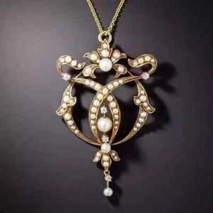 1.40Ct Round Natural Pearl Art Deco Pendant 14K Yellow Gold Plated Free Chain - Picture 1 of 8