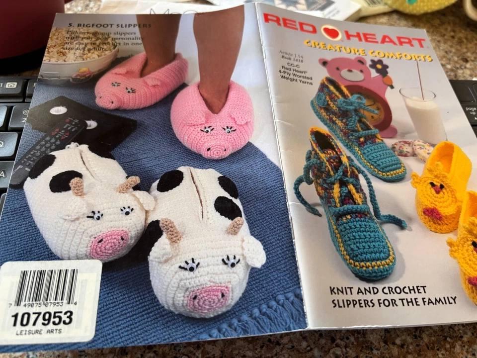Creature Comforts Slippers Knit Crochet Patterns Book Adult Child Cow Pig Zebra+ - Image 1 of 1