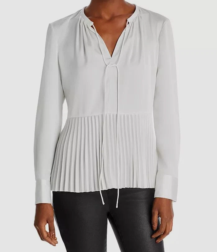 Theory Women's Ivory Satin Pleated Self-Tie Blouse Top Petite Size P
